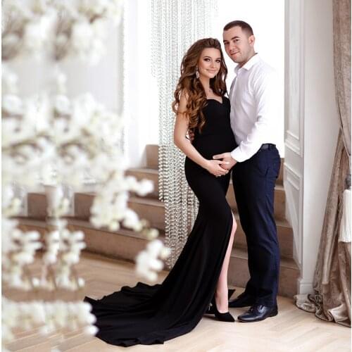 Babyshower Vestidos Cotton Maternity Tube Top V-neck Hem Slit Tailing Long Dress Photography Dress Sexy Maternity Gown Dresses