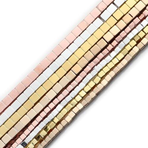 JHNBY 2/3mm Square Rose Gold Silvers Hematite Natural Stone Spacer small Loose Beads For Jewelry Making Diy bracelet Accessories