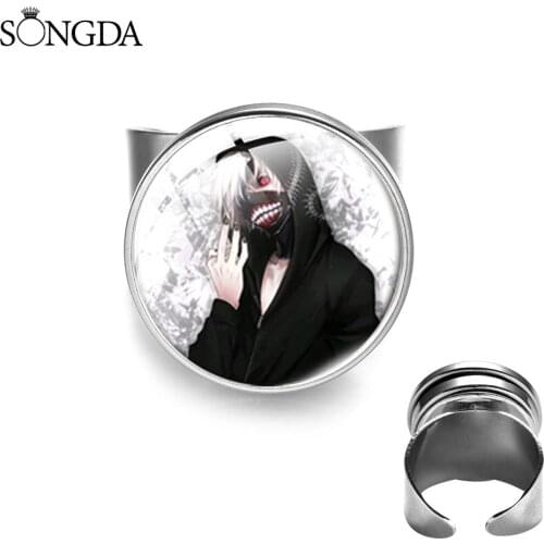 Fashion Anime Tokyo Ghoul Kaneki Ken Adjustable Rings Vintage Cartoon Art Photo Glass Cabochon Ring For Men Women Jewelry