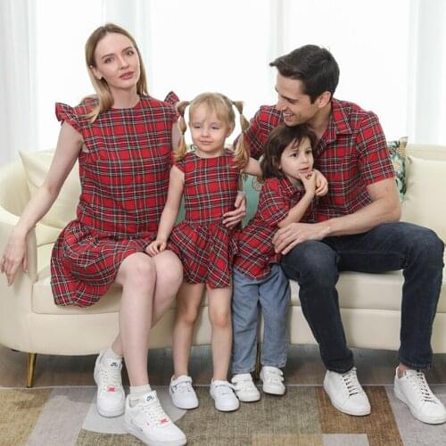Summer Cotton Family Matching Plaid Sets Women Girl Dresses And Men Boy Short Sleeve Shirt Family Look