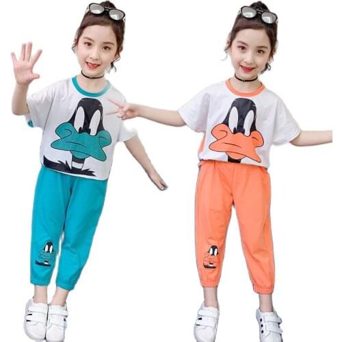 Kids Girls Summer Clothes Set Teen Cartoon Animal Print Casual Tops T-shirt and Pants Two Piece Suit 10 To 12 Years Children