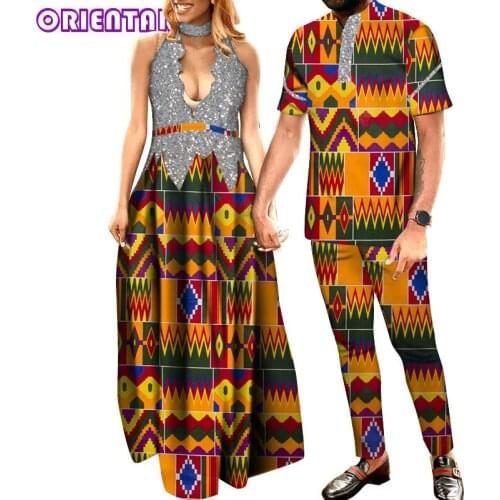 2 Piece Set African Clothes for Couple Fashion Women Maxi Dress Men Pants and Tops Set African Clothing for Wedding Party WYQ710