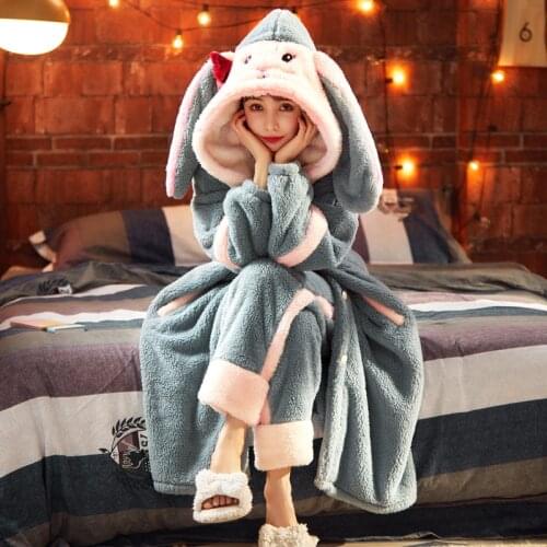 Brand Winter Warm Bathrobe Set Women Flannel Soft Rabbit Ears Cute Robes + Pants 2Pcs Pyjamas Cute Night Sleepwear Nightgown