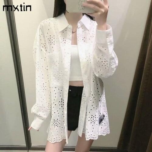 MXTIN 2021 Women Spring Fashion Solid Embroidery Blouses Vintage Lapel Collar Long Sleeve Hollow Out Female Shirts Casual Tops
