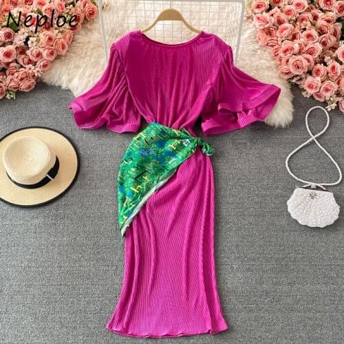 Neploe French Ladies Temperament Pleated Ruffles Robe Femme Butterfly Short Sleeve Slim Waist Dress Women Hip Patchwork Vestido