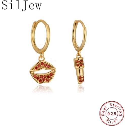 Fashion New Real 925 Sterling Silver Red Zirconia Cute Lips Lipstick Drape Hoop Earrings for Women Wedding Fine Jewelry Gifts