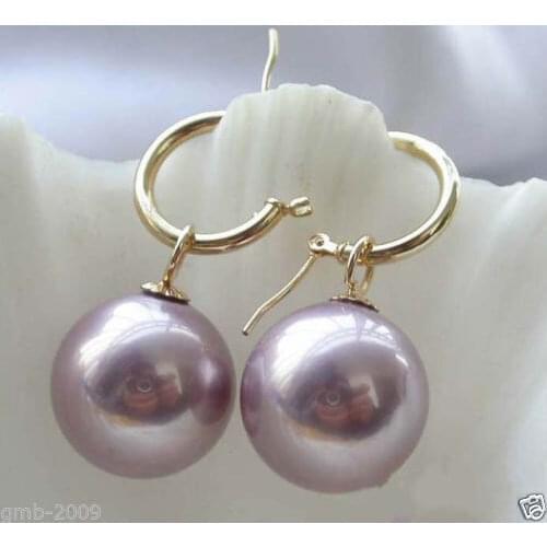 Rare Huge 14mm Tahitian Light Purple South Sea Shell Pearl Earring ^^@^Noble style Natural Fine jewe FREE SHIPPING