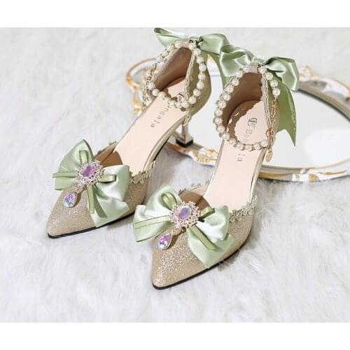 Green Kawaii French Sweet Girl Lolita Shoes High Heels 7cm Elegant Princess Wedding Lolitas Palace Pointed Toe Women Cos Sandals