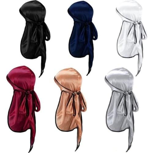 Unisex Men Silky Durag Black Sewing Silk Durags Bandanas For Men Long Tail Doo Du Rag Wave Cap
