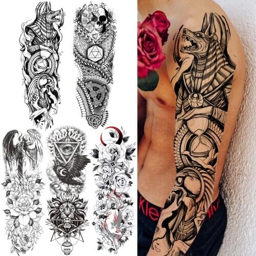 Tribal Devil Temporary Tattoos For Men Women Adult Skull Maori Full Sleeve Tattoo Sticker Fake Flower Black Wings Geometry Tatoo