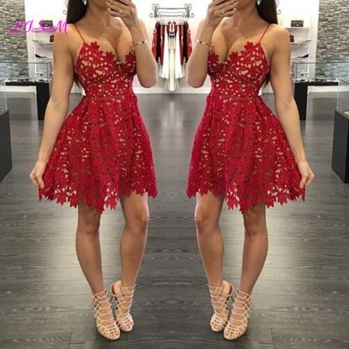 A-Line Spaghetti Straps Lace Short Mini Homecoming Dress Sexy Sweetheart Cocktail Dresses Graduation Gowns