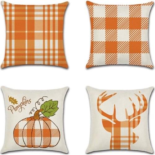 Pumpkin Deer Printed Cushion cover Square Plaid Throw Pillowcase Sofa Home Thanksgiving Decorative Pillows fundas cojines