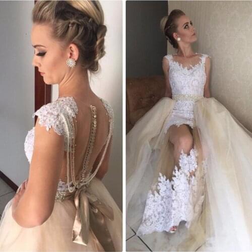 Vestido De Noiva 2 Pieces Wedding dress Gowns 2020 Lace Mermaid Bridal Dress With Detachable Train Pearls Crystal Sash Casamento