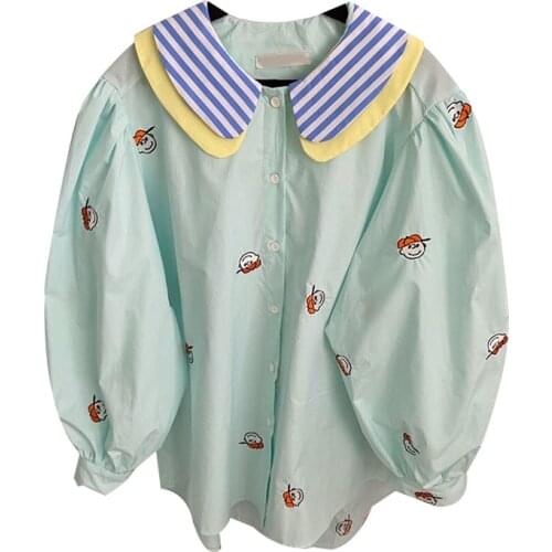 Cartoon Embroidery Casual Shirt Women 2021 Summer Puff Sleeve Striped Peter Pan Collar Female Sweet Style Basic Tops