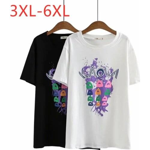 New 2021 Ladies Summer Plus Size Tops For Women Large Short Sleeve Loose Cotton White Black Print O-neck T-Shirt 3XL 4XL 5XL 6XL