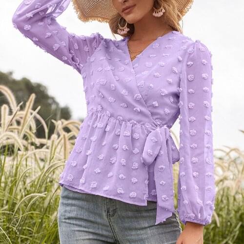 Women V-Neck Lace Up Top Jacquard Shirt Female Long Sleeve Chic Shirt Sexy Polka Dot Solid New Fashion Summer Lady Mesh Blouses