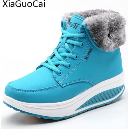 Women Fashion Winter Boots with Fur High Top Platform Ankle Boots Blue Casual Wedges Swing Shoes X974 5