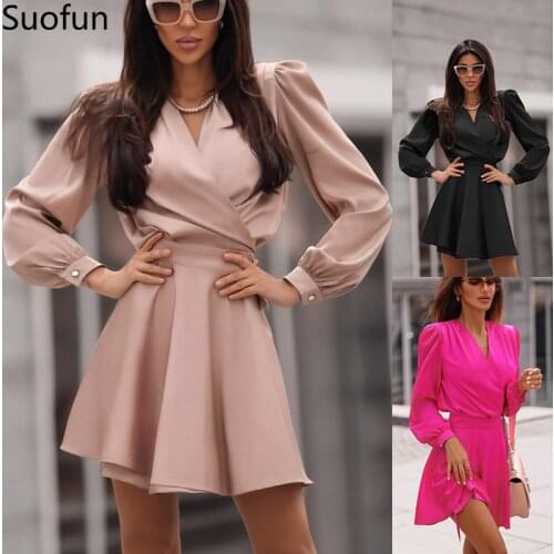 Suofun Solid Casual Loose Long Sleeve 2021 Autumn And Summer New Fashion Show Thin Temperament Waist Womens Summer Dress