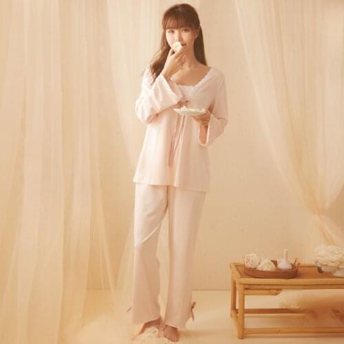 Free Shipping 2021 New Womens Long Pants Pajamas Lace Pink Sleepwear Cotton Nightgown Sweet China Style Nightshirt