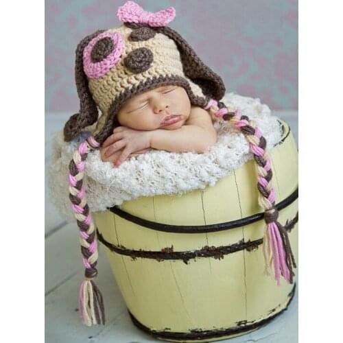 Free shipping,Crochet Childrens Cartoon dog/puppy Hat,baby Photography prop 100% cotton -- Khaki and pink bow