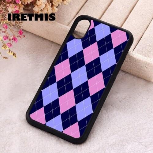 Iretmis 5 5S SE 2020 Phone Cover Case for iPhone 6 6S 7 8 Plus X Xs XR 11 12 Mini Pro Max Silicone Pink And Blue Argyle Pattern