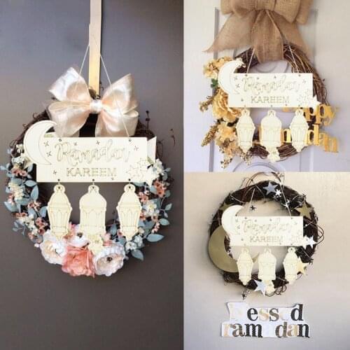Eid Mubarak Ramadan Decor Wooden Pendant Ramadan Kareen Wood Craft For Home Door Hanging Decor DIY Islamic Party Wreath Supplies