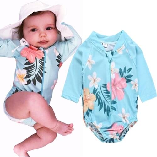 Toddler Kids Baby Girls Bodysuit Long Sleeve Floral Zipper Swimsuit Swimwear Bathing Suit Baby Girl Swimwear