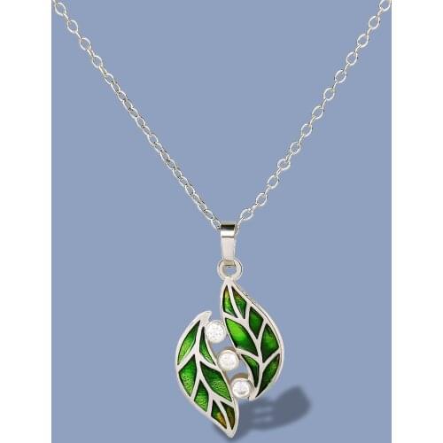925 Sterling Silver Exquisite Green Leaf Shape Pendant Glittering Zircon Fashion Jewelry Handmade Enamel Jewelry Simple Necklace