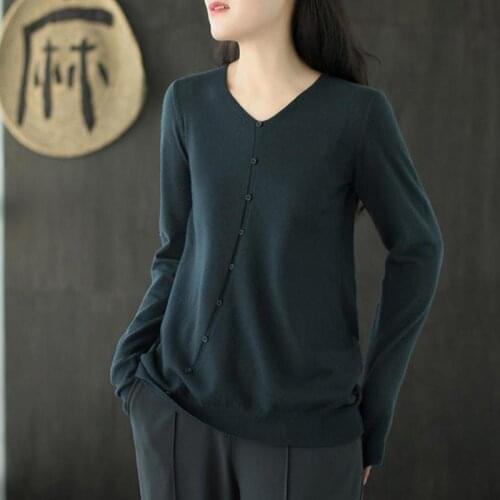 Johnature Fashion All-match V-neck Button Long Sleeve Knitted Sweater 2021 Autumn New Simple Comfortable Women 5 Color Knitwear