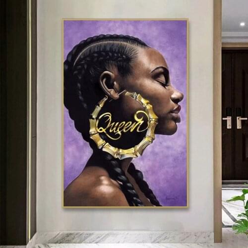 Canvas Painting African Woman Wall Art Golden Queen Earrings Girl Poster Print Wall Picture for Living Room Home Decor Cuadros
