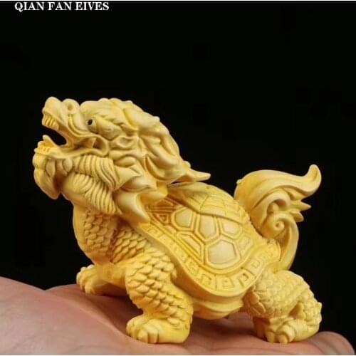 Chinese mascot solid wood dragon tortoise statue，Hand carved art crafts，Home desktop cute small animals lucky decoration