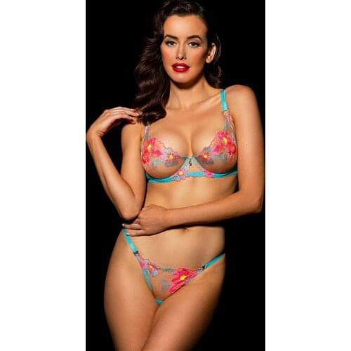 Wireless bra and pantyset flower embroidery belt steel ring bra shorts two-piece sexy underwear female perspective lingerie set