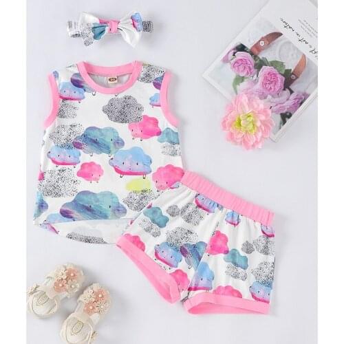 Baby Girl Clothes Sets Baby Clothes 3 Pcs Sets Clouds Print Sleeveless Vest Tops+short Pants+headband Casual Baby Clothing 0-18M