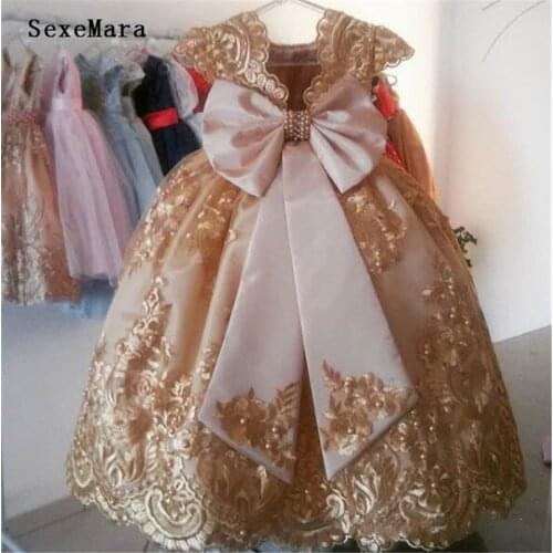 Gold Applique Lace Flower Girl Dresses Cap Sleeves Backless Little Kids Clothes Child Pageant Birthday Gowns with Big Bow