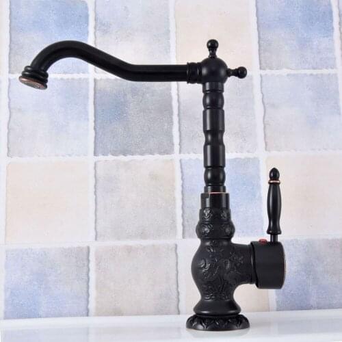 Black Oil Rubbed Brass Carved Flower Pattern Single Handle Bathroom Basin Kitchen Sink Swivel Spout Faucet Mixer Tap asf624
