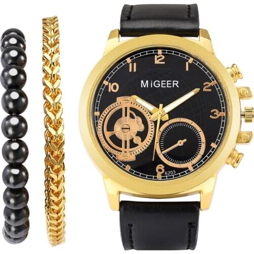 Fashion Golden Men Watch Set Business Fahion Quartz Clock Men Leather Wristwatch Sport Luminous Watch Bracelet Simple Clock