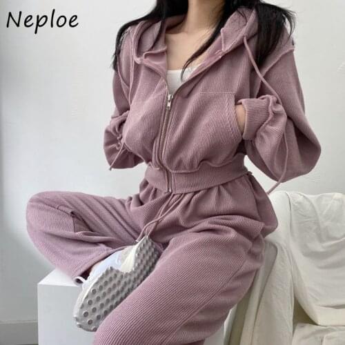 Neploe Fashion Simple Suit Chic Candy Color Hooded Sweatshit + High Waist Drawstring Casual Pants Autumn Winter 2 Piece Set