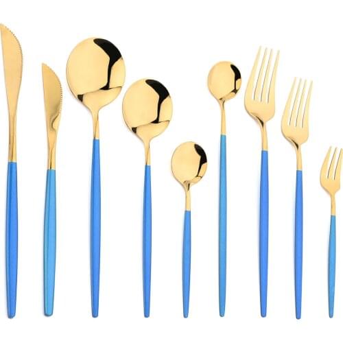 JANKNG Stainless Steel Silverware Tableware Set Blue Gold Dinnerware Set Knife Fork Spoon Flatware Set Dishwasher Safe Cutlery