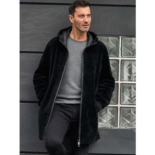 New Mens Shearling Coat Long Fur Outerwear Black Leather Jacket Winter Wool Overcoat