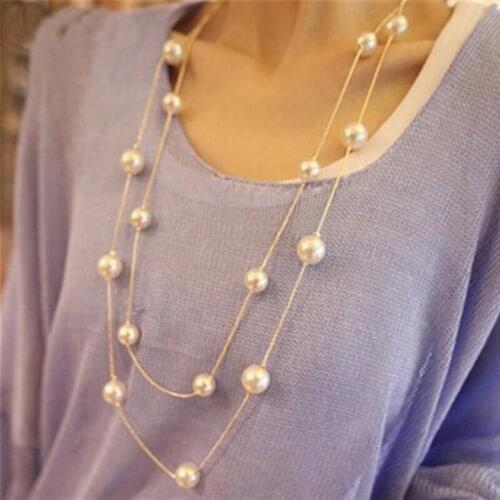 New Long Double Layer Simulated Pearl Necklace Women Sweater Chain Necklace Female Collares Statement Jewlery Wholesale 2020