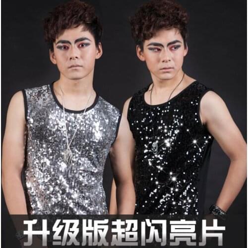 Original slim men paillette vest clothing camiseta tirantes hombre personalized singer dance stage street star style dress black