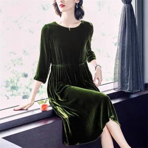 Autumn Winter 2020 New Fashion Womens Dress Elegant Vintage Empire Pleated Velvet Dress Plus Size Midi Dress Vestidos M-7XL