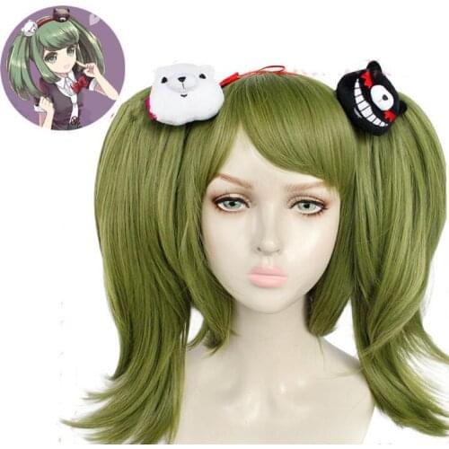 Danganronpa Monaka Ponytails Wig Bear Headwear Cosplay Costume Dangan Ronpa Heat Resistant Synthetic Hair Monaca Towa Women Wigs