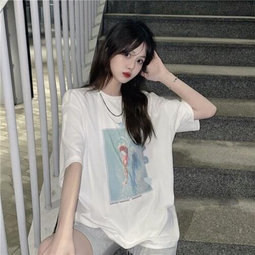 Casual Loose Retro Ins Tshirt Female Korean Harajuku Womens T-shirts Tops Japanese Kawaii Ladies Ulzzang Clothes For Women