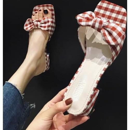 Black/red plaid bowtie sandals women slip on mules summer beach shoes dot printing chunky heel gladiator sandalias mnujer 2020