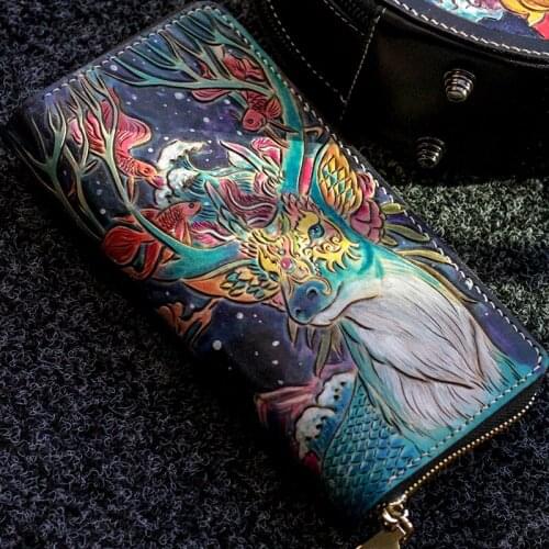 High-grade Handmade Women Deer God Wallets Zipper Animal Purses Men Long Clutch Vegetable Tanned Leather Wallet Card Holder