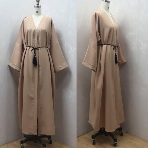 Wepbel Dubai Cardigan Loose Robe Solid Color Muslim Long Dress Women Lace Up Abaya Long Sleeve Slim Fit Kaftan Abaya