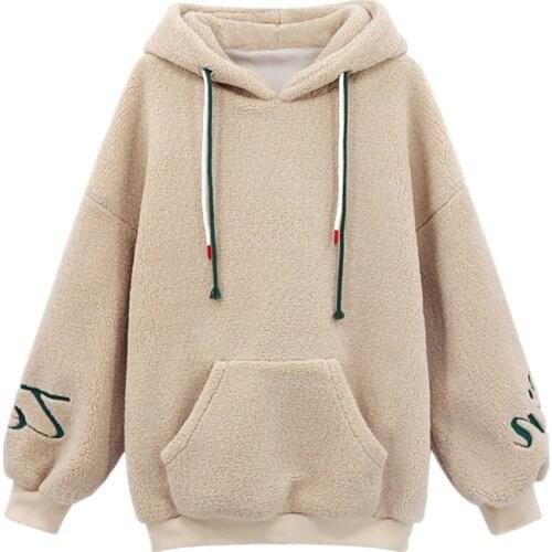 2020 Winter Lamb Plush Women Hoodie All-match Loose Plus Velvet Thickening Casual Letters To Keep Warm Mid-length Girl Pullover