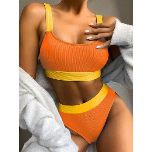 2 Pieces Female Swimsuits, Women’ s U-Neck Sleeveless Bikini Top+ Swimming Trunks, Orange/Blue, S/M/L