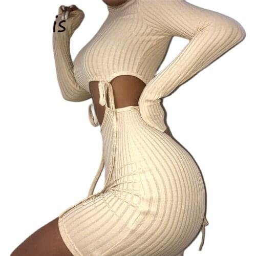 XLLAIS Holiday Women Summer Party 2 Pieces Set Cotton Ribbed Skirt Long Sleeve Tie Up Crop Tops Soft Khaki Outfits Clothing